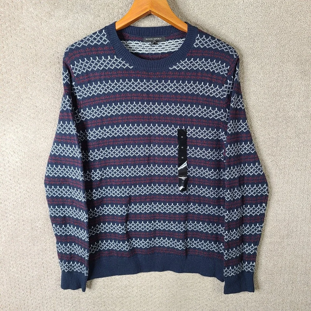 Banana Republic Sweater Mens M Blue Red Fair Isle Crew Neck Cotton Wool NEW